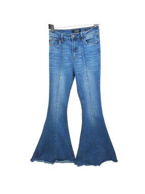 Judy Blue High Rise Super Flare Jeans Size 7/28 Blue Pintuck Bell Bottom Raw Hem